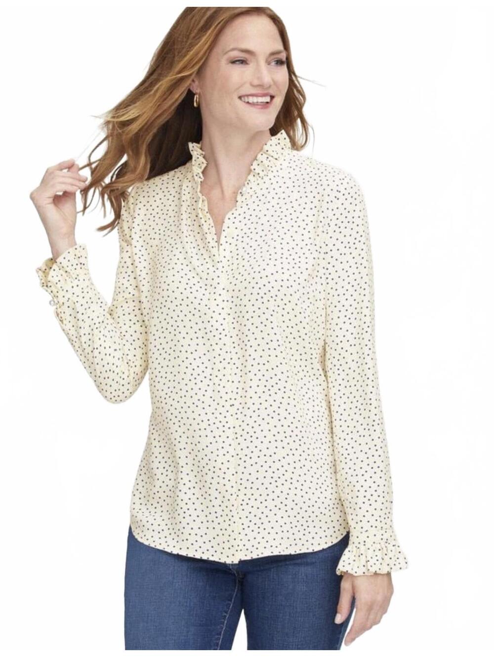 Talbots Plus Women Sp Ivory Black Polka Dot Pearl Neckline Ruffle Trim Top NWOT